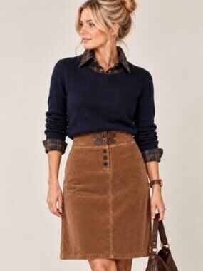 Y2K fine wale corduroy skirt cognac buckles equestrian preppy